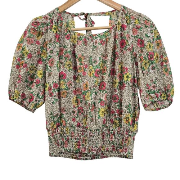 Sundays Womens S Ada Puff Sleeve Elastic Waist Crop Top Blouse in Wallflower NWT - Picture 2 of 9